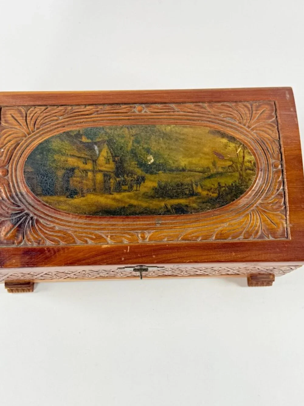 Vintage Cedar Wood Jewelry Box With Carved Floral Design & Landscape Scene Lid